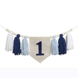 Chaise haute de style bohème pour garçons et filles, décoration de banderoles, perles en bois, couronne bleu foncé, ensemble de décoration pour fête de garçon - Product Image 3