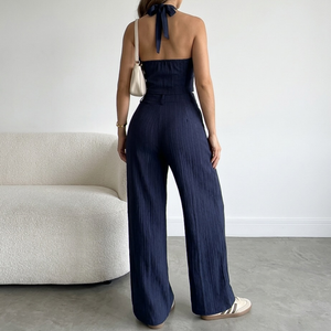 Ensemble deux pièces rayé pour femmes, haut sans manches à col en V avec boutons sur le devant, pantalon large, tenue décontractée printemps-été - Product Image 2