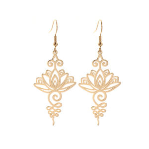 Unalome Boucles d'oreilles pendantes Hippie en acier inoxydable Yoga Lotus Flower Drop Boucles d'oreilles pour femmes Bijoux bouddhistes uniques - Product Image 6