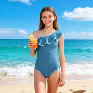 ملابس سباحة للفتيات الصغيرات بالجملة، بدلة سباحة أنيقة للأطفال، قطعة واحدة بأكمام قصيرة وتصميم مخصص - Product Image 3