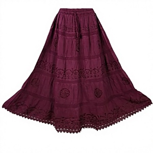 Jupe décontractée bohème en mousseline de soie pour femme, broderie à la main, perles, taille élastique, couleur unie, douce, 100 % coton, été - Product Image 2