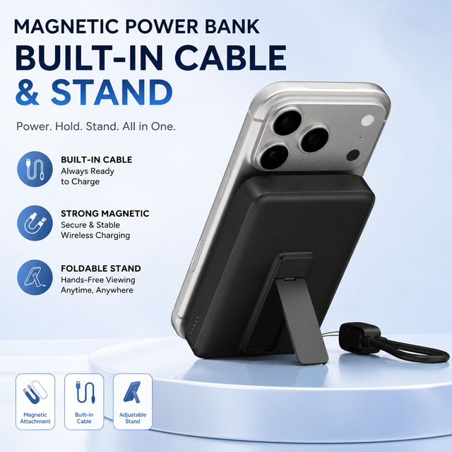 10000mAh Magnetic Wireless Power Bank Built-in Type-C Cable Foldable Stand 22.5W Fast Charging Portable Mini Li-Polymer Battery