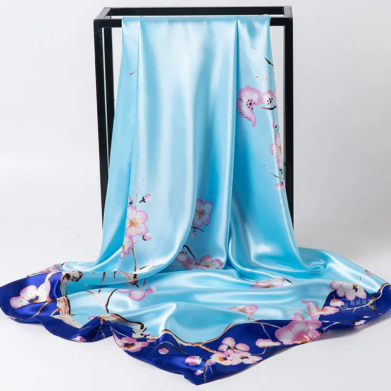 Lenço Hijab feminino luxuoso com estampa de flores 90*90 cm, lenço quadrado de cetim, lenço elegante de seda, xales