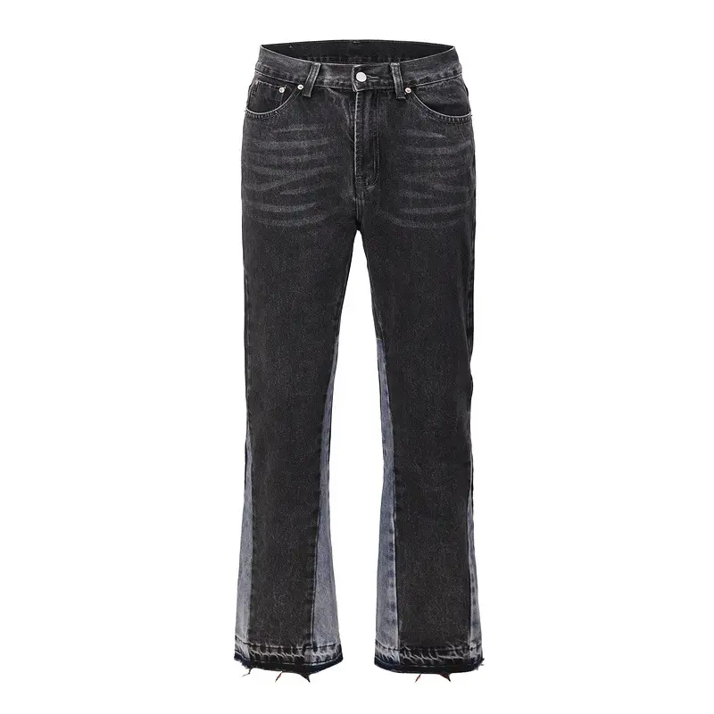 High street ink wash holes spliced black flared jeans distressed men stacked jeans pants for men