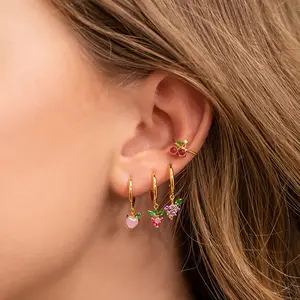 High Quality 18K Gold Plated Fruit Hoop Earring With Luxury Colorful Zircon Cherry Grape Drop Earrings For Women Girls