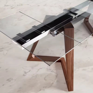 Ensemble <span class=keywords><strong>de</strong></span> <span class=keywords><strong>table</strong></span> à <span class=keywords><strong>manger</strong></span> extensible au design moderne contemporain, style mi-siècle, <span class=keywords><strong>en</strong></span> bois <span class=keywords><strong>de</strong></span> noyer brun, avec plateau <span class=keywords><strong>en</strong></span> <span class=keywords><strong>verre</strong></span> trempé extra clair - Product Image 3