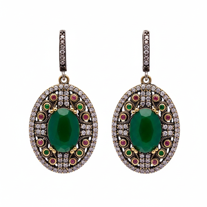 Auténticos pendientes colgantes turcos de piedra CZ Esmeralda ovalada hechos a mano al por mayor joyería de plata de ley 925 - Product Image 2