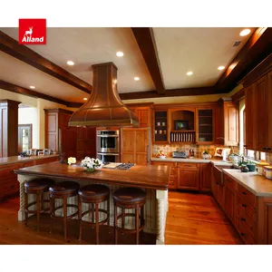 Alland cabinet Maßge schneiderte Massivholz-Küchenmöbel Antiker rustikaler Stil Warme Farbe Offener Küchen schrank mit erhöhter Tür verkleidung