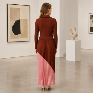 Vestido de Mujer de Buena Calidad, Estilo Blazer, Apliques Florales en 3D, Cintura Cruzada, Vestido Maxi con Bloques de Color, Vestido Plisado Miyake - Product Image 5