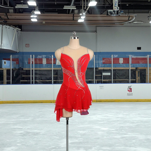 Tùy chỉnh băng trượt băng ăn mặc cô gái không tay màu đỏ trượt băng leotard ăn mặc ren hoa vàng và màu xám ăn mặc ca - Product Image 2