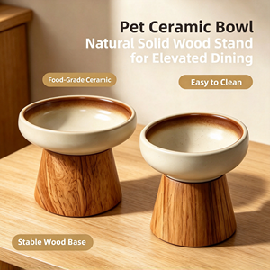 Comedero de Cerámica para Perros con Base de Madera Elevada, Comederos para <span class=keywords><strong>Mascotas</strong></span> con Acabado Vintage, Tazón para Comida de Gatos para Perros Pequeños, Venta al por Mayor - Product Image 1