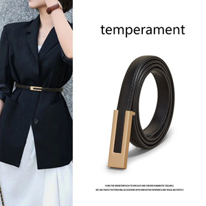 เข็มขัดหนัง PU สำหรับผู้หญิง เข็มขัดดีไซน์เนอร์แบบบาง หัวเข็มขัดสีทอง เหมาะสำหรับกางเกงยีนส์ เดรส กางเกง กระโปรง เสื้อโค้ท - Product Image 1