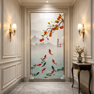 Arte Mural Vertical de Porcelana de Cristal con Diseño de Nueve Peces Koi y Melocotón Chino de la Suerte, con LED, para Regalo de Inauguración de Casa, Venta al por Mayor Personalizada - Product Image 5