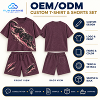 Ensemble deux pièces personnalisé style vintage américain : T-shirt en polyester/coton tricoté délavé 240 g/m² imprimé numériquement motifs crânes et short à cordon de serrage