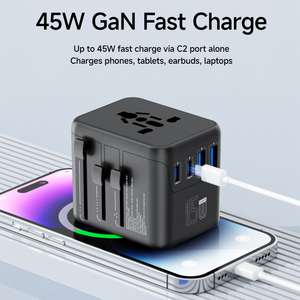 Adaptadores de Viaje Universales 45W <span class=keywords><strong>GaN</strong></span> Todo en Uno, 2 USB-A, 2 USB-C, 2500W, 100-250V, Enchufe con Fusible de Reinicio Automático para Laptop y Teléfono - Product Image 1