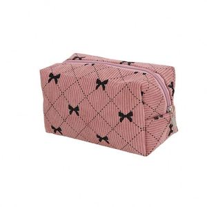 Large Capacity Custom <b>Cute</b> Bow Corduroy Cosmetic Bag Toiletry Storage Women Zipper Closure Makeup Bag - Product Image 5