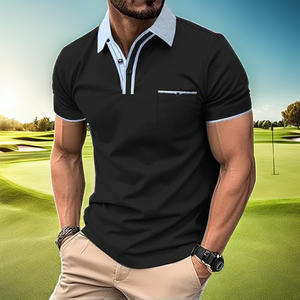 Camisas de Golf de Manga Corta de Algodón Negro para Hombre, Cuello Azul Claro, Logotipo Frontal, Bolsillo, Tejido Casual, Color Sólido, Transpirable, 160g - Product Image 2