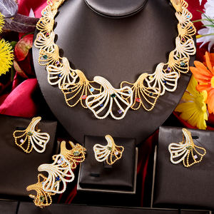 T088B Trendy 4PCS <span class=keywords><strong>Jingo</strong></span> Leaf Flower Conjuntos de joyería africana de lujo para mujeres Wedding Party Naija Dubai Vestido de novia Collar de novia - Product Image 6