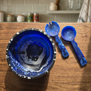 Tazón de Resina con Efecto Mármol Hecho a Mano, Plato para Servir Ensaladas con Cuchara a Juego, Tazón de Resina con Diseño de Mármol para Servir Ensaladas - Product Image 1