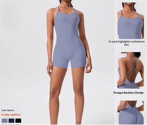 नई क्रॉस-बैक तंग निर्बाध एक-टुकड़ा योग सूट क्रिस्क्रोस स्ट्रैप महिलाओं के लिए रूच्ड बट स्पैक्स/नायलॉन सामग्री - Product Image 6