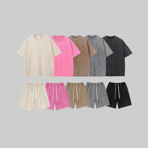 Personalizado 100% algodón para hombre de gran tamaño sólido de alta calidad de lujo Vintage de punto pesado camiseta pantalones cortos conjunto ecológico - Product Image 2