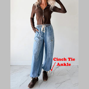 กางเกงยีนส์ขากว้างทรงบอยเฟรนด์เอวสูงรัดเชือกผูกข้อเท้าสไตล์ลำลองสำหรับผู้หญิง รุ่น Channel Trendy 2026 - Product Image 2