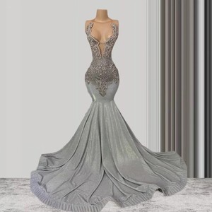 <strong>Silver</strong> Sparkly Long Evening <strong>Dresses</strong> for Black Girls Mermaid See Through Crystals American African Evening Gowns - Product Image 1