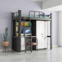 Lit superposé métallique moderne avec cadre réglable, poste de sommeil surélevé, bureau, rangement et armoire pour dortoir scolaire et appartement