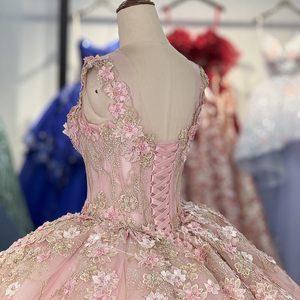 Robe de mariée rose en dentelle perlée, style robe de bal, brodée, avec longue traîne, sans bretelles, Dy1372 - Product Image 6