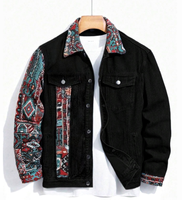 Veste en jean noire pour homme, style ethnique, patchwork, streetwear, bohème, veste de camionneur, manteau, vêtement d'extérieur