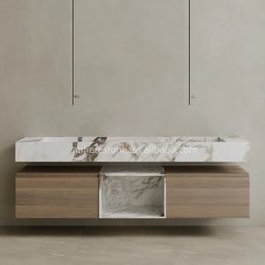 حجر ترافرتين فضي حوض مزدوج عائم زينة كبيرة الحجم مثبتة على الحائط مع أدراج تخزين خشبية - Product Image 5