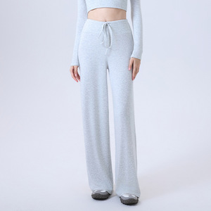 Pantalones de chándal casuales de mujer al por mayor, de cintura alta con cordón, de pierna ancha, fluidos, color heather, suaves como la mantequilla, para ropa deportiva. - Product Image 1