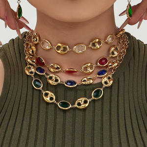 Conjunto de Joyería de Moda al por Mayor, Elegante, de Acero Inoxidable, con Eslabones Huecos en Forma de Nariz de Cerdo, Pulsera y Collar con Piedras de Cristal Ovaladas para Mujer - Product Image 3