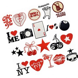 แพทช์ปักลายรีดติดผ้าสีดำแดง รูปกล้อง รถยนต์ เชอร์รี่ แมว ไอเลิฟมี แคท และดาว สำหรับตกแต่ง - Product Image 1