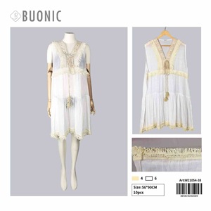 HDJ Robe de plage d'été pour femme, beige et blanc, en mousseline de soie, col en V, sans manches, coupe ample, tunique de bain W21054-38 - Product Image 2