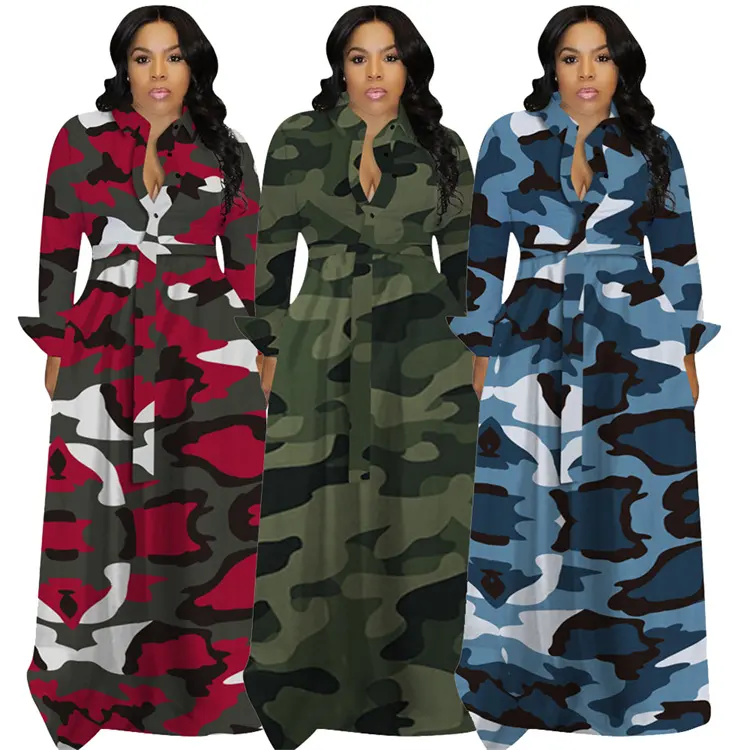 Plus Size Damen bekleidung Herbst Winter Maxi kleider Camouflage Long Shirt Elegante Damen Freizeit kleid Lange Kleider
