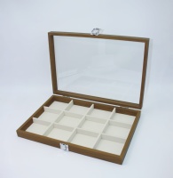 Boîte de rangement de bijoux en grain de noyer haut de gamme, velours blanc classique, avec couvercle en verre, plusieurs compartiments en option