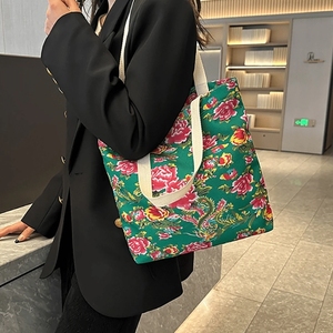 Sac fourre-tout en toile recyclée écologique grande capacité, style nord-est, motif floral, sac à bandoulière pour femme - Product Image 5