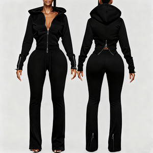 Chándales de moda con logotipo personalizado para mujer, chándal, pantalones deportivos bordados, Top de manga larga con capucha y cremallera, conjunto de dos piezas para mujer - Product Image 1