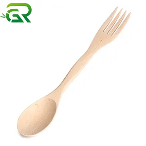 Wholesale 2 in 1 beech wood household spoons and forks kitchen utensils wooden fruit soup spoons