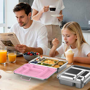 Boîte à lunch en acier inoxydable à cinq compartiments avec couvercle, conteneur bento portable pour étudiants et employés de bureau - Product Image 3