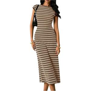 Vestido midi de punto ajustado con cuello redondo y manga casquillo a rayas para mujer, informal, transpirable, de verano. - Product Image 4