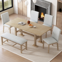 Ensemble de table à manger extensible moderne en bois de 76 pouces avec 6 pièces, table de cuisine à chevrons avec plateau amovible et chaises et bancs rembourrés