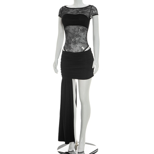 Viviblook Y26ST202 Women's Skirt <b>Set</b> <b>Sexy</b> Lace Patchwork Bodysuit Pleated Ribbon Skirt 2 Pieces <b>Set</b> - Product Image 3