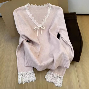 Dalang Sweater Factory – Haut tricoté pour femme à col en V avec bordure en dentelle, coupe ajustée, anti-boulochage, couche de base pour le début du printemps 2026 - Product Image 1