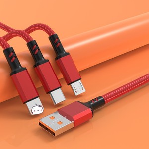 3 In 1 Type <b>C</b> <b>Charging</b> Cable With Braided Nylon 66W Fast Charge For Mobile Phone Power Bank 1m Length Red Color - Product Image 2