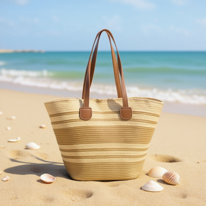 Bolso de Hombro de Rafia Tejida con Rayas Anchas 42x28x12cm, Bolso Tote de Playa de un Solo Hombro - Product Image 3