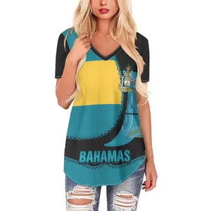 Camiseta feminina personalizada com bainha longa e manga curta para Bahamas, camisa casual com desenho de bandeira das Bahamas, feita na China