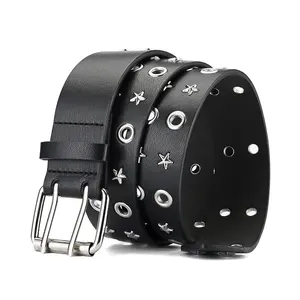 Vendita di fabbrica Double Grommet Metal Star Stud PU Leather Double Prong Buckle Vintage Punk Rock Jeans cintura per donna uomo