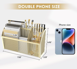 Magnetic Desk Organizer 3 Compartment Metal Mesh <b>Pen</b> Holder for Locker Whiteboard Refrigerator Office <b>Gold</b> - Product Image 2